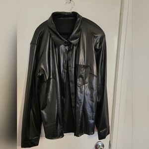 Black Faux Leather Button-Up Top 3x